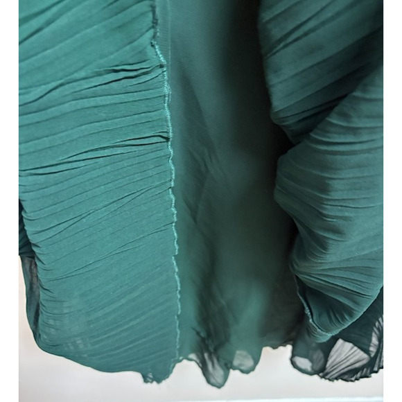 Zara Green Pleated Chiffon Midi Dress Large Smocked Waist V Neck - Picture 5 of 5